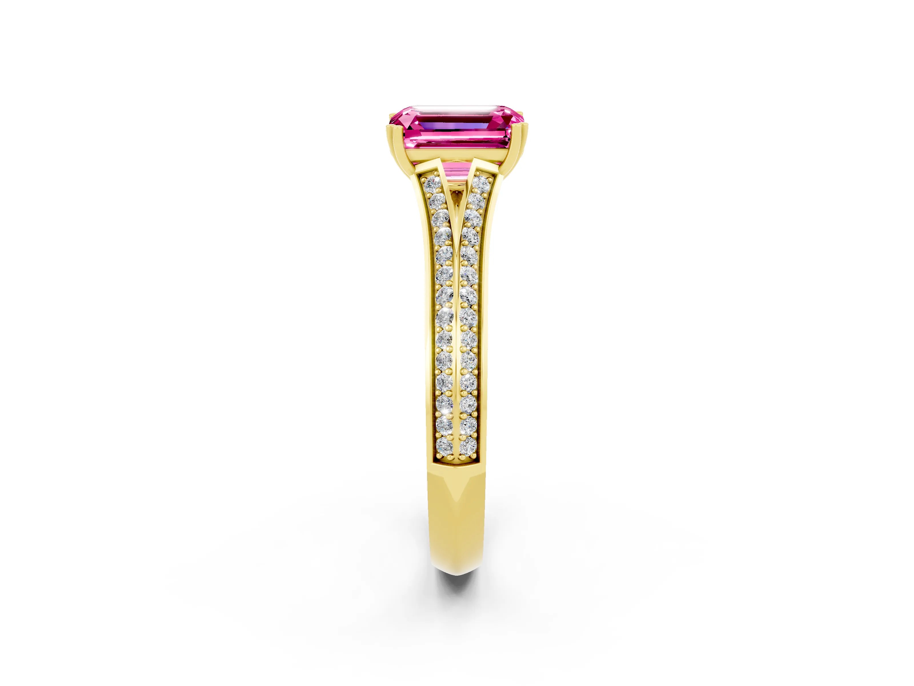 Yellow gold Emerald Cut Pink Sapphire Split Shank Engagement Ring with Pavé Band_26
