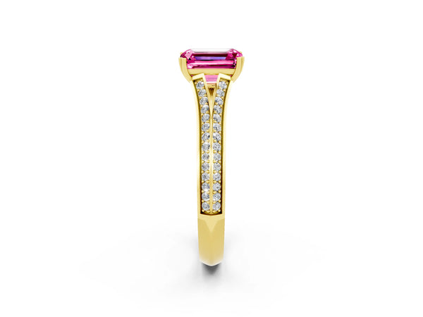 Yellow gold Emerald Cut Pink Sapphire Split Shank Engagement Ring with Pavé Band