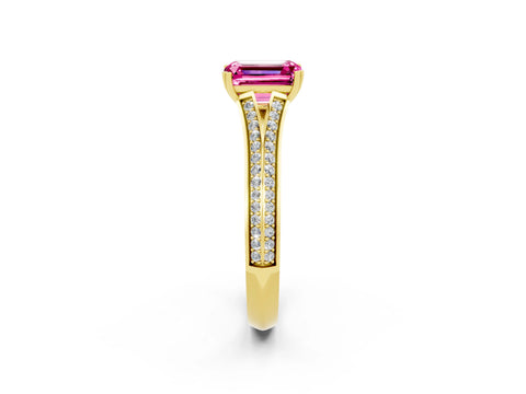 Yellow gold Emerald Cut Pink Sapphire Split Shank Engagement Ring with Pavé Band_26