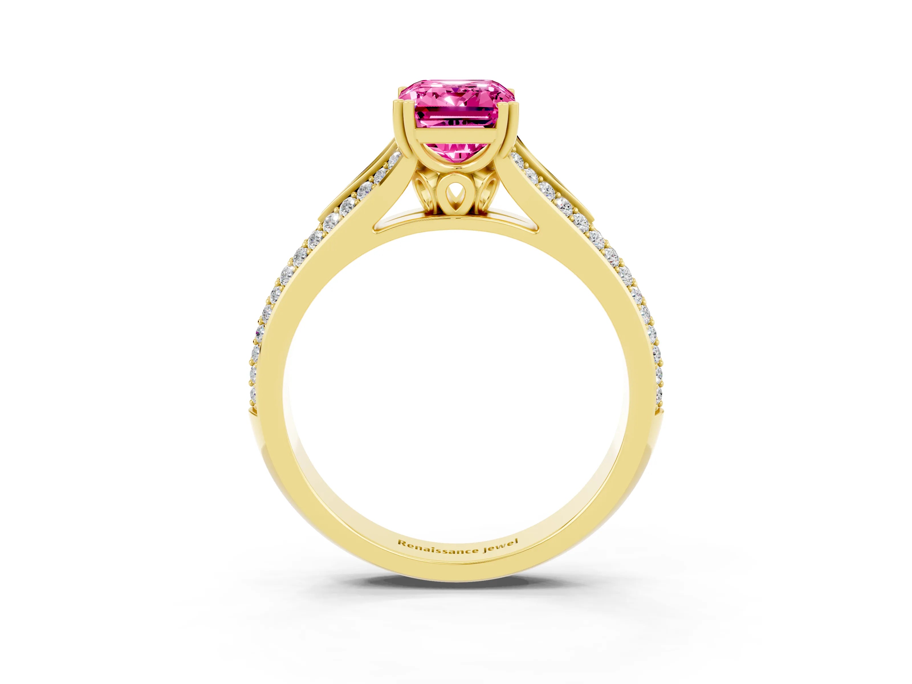 Yellow gold Emerald Cut Pink Sapphire Split Shank Engagement Ring with Pavé Band_27
