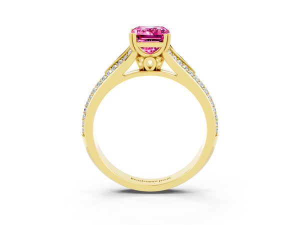 Yellow gold Emerald Cut Pink Sapphire Split Shank Engagement Ring with Pavé Band
