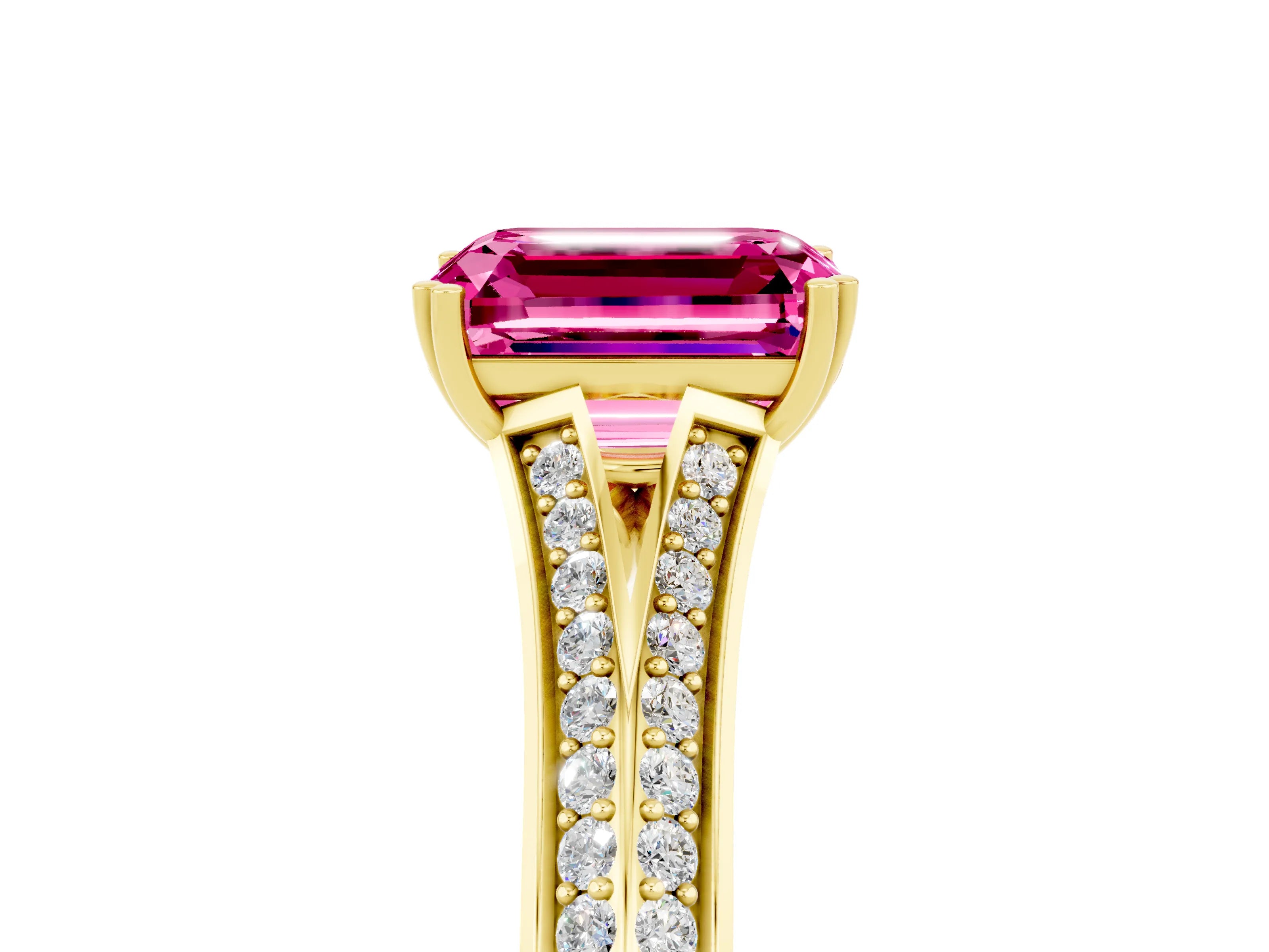 Yellow gold Emerald Cut Pink Sapphire Split Shank Engagement Ring with Pavé Band_29