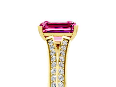 Yellow gold Emerald Cut Pink Sapphire Split Shank Engagement Ring with Pavé Band_29
