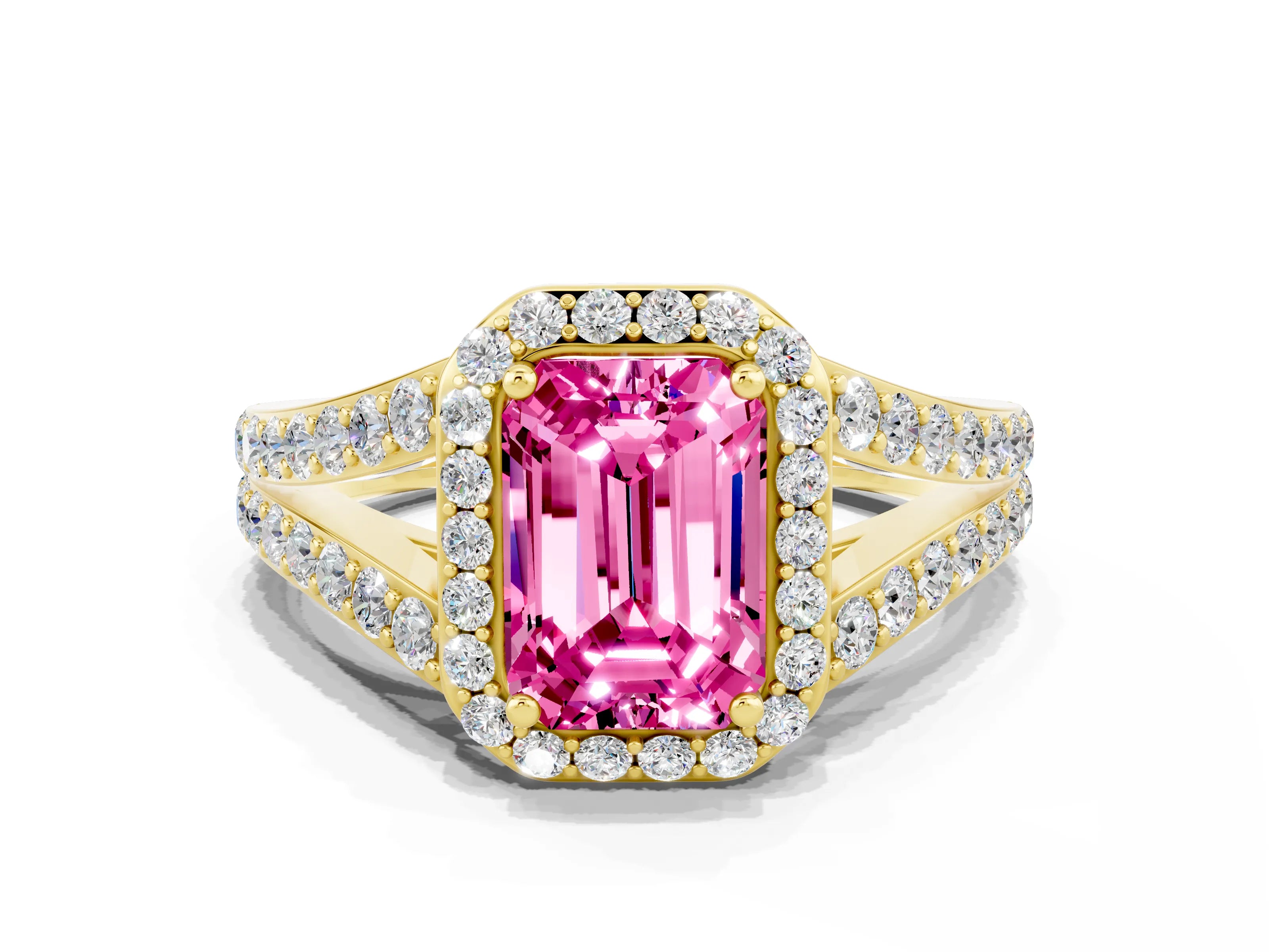 Yellow gold Emerald Cut Pink Sapphire Split Shank Halo Ring with Four-Prong Setting_24