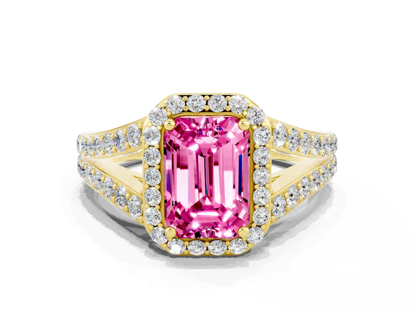 Yellow gold Emerald Cut Pink Sapphire Split Shank Halo Ring with Four-Prong Setting