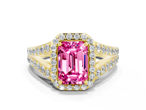 Yellow gold Emerald Cut Pink Sapphire Split Shank Halo Ring with Four-Prong Setting_24