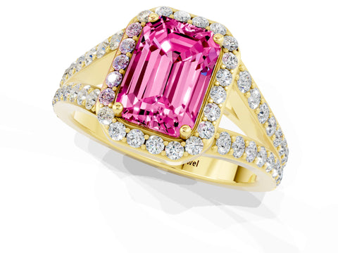 Yellow gold Emerald Cut Pink Sapphire Split Shank Halo Ring with Four-Prong Setting_25