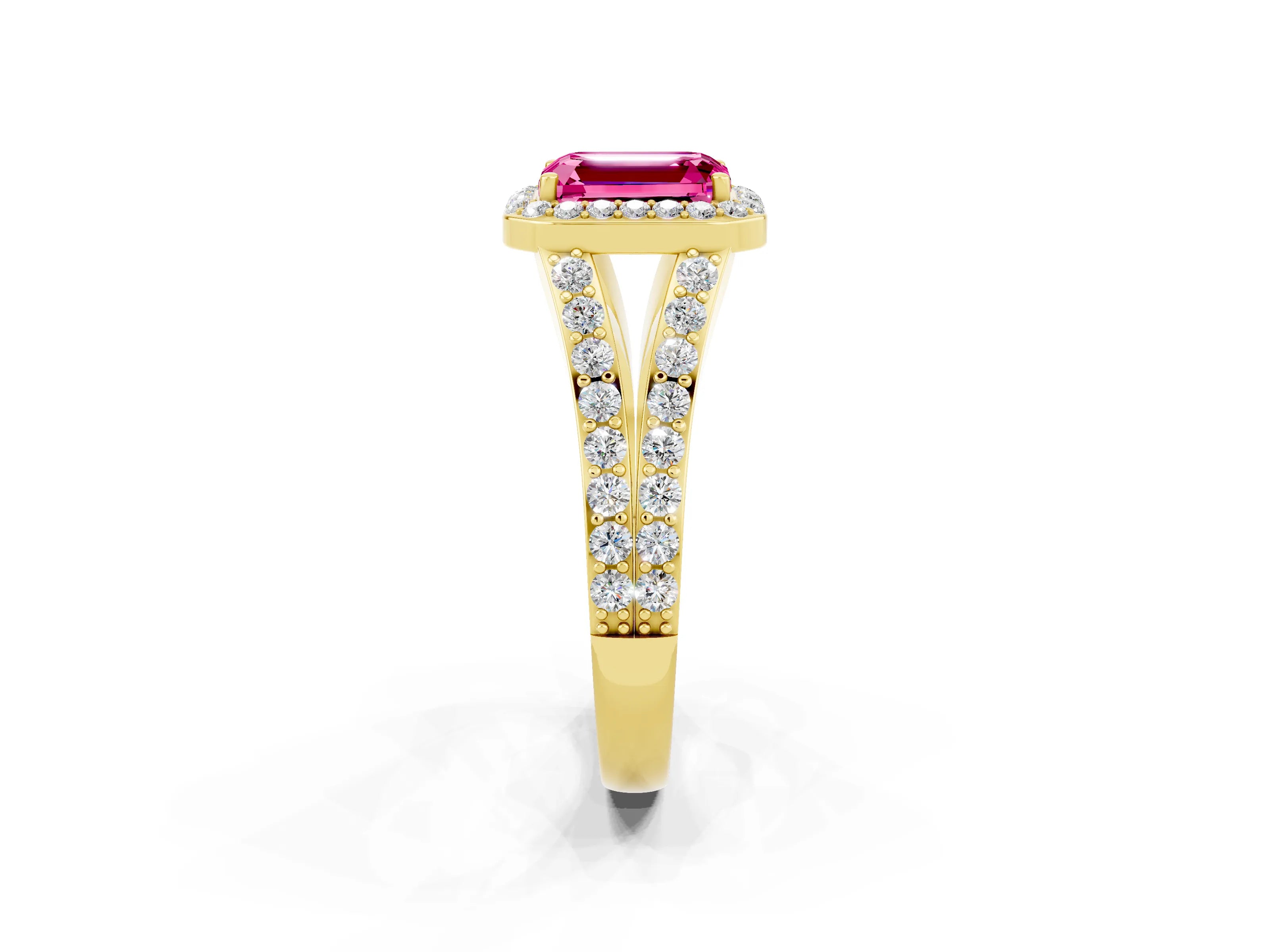 Yellow gold Emerald Cut Pink Sapphire Split Shank Halo Ring with Four-Prong Setting_26