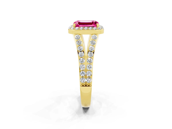Yellow gold Emerald Cut Pink Sapphire Split Shank Halo Ring with Four-Prong Setting