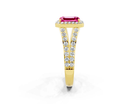 Yellow gold Emerald Cut Pink Sapphire Split Shank Halo Ring with Four-Prong Setting_26