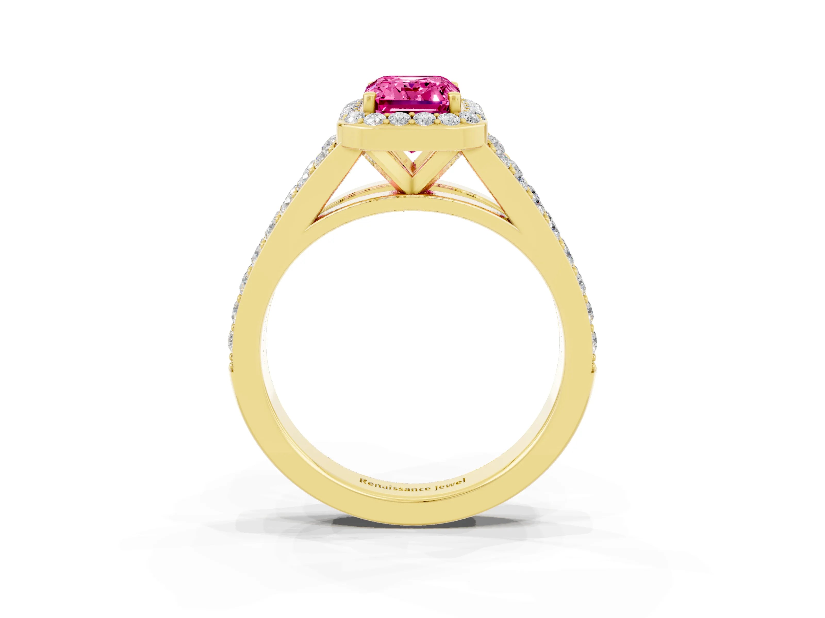Yellow gold Emerald Cut Pink Sapphire Split Shank Halo Ring with Four-Prong Setting_27