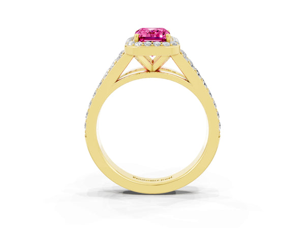 Yellow gold Emerald Cut Pink Sapphire Split Shank Halo Ring with Four-Prong Setting