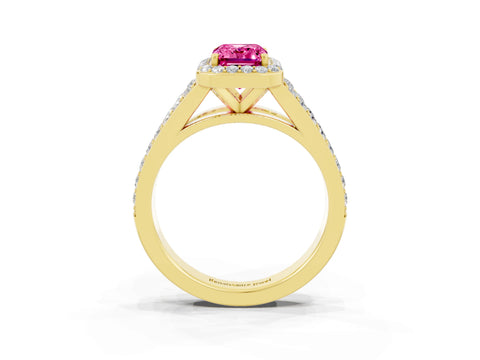 Yellow gold Emerald Cut Pink Sapphire Split Shank Halo Ring with Four-Prong Setting_27