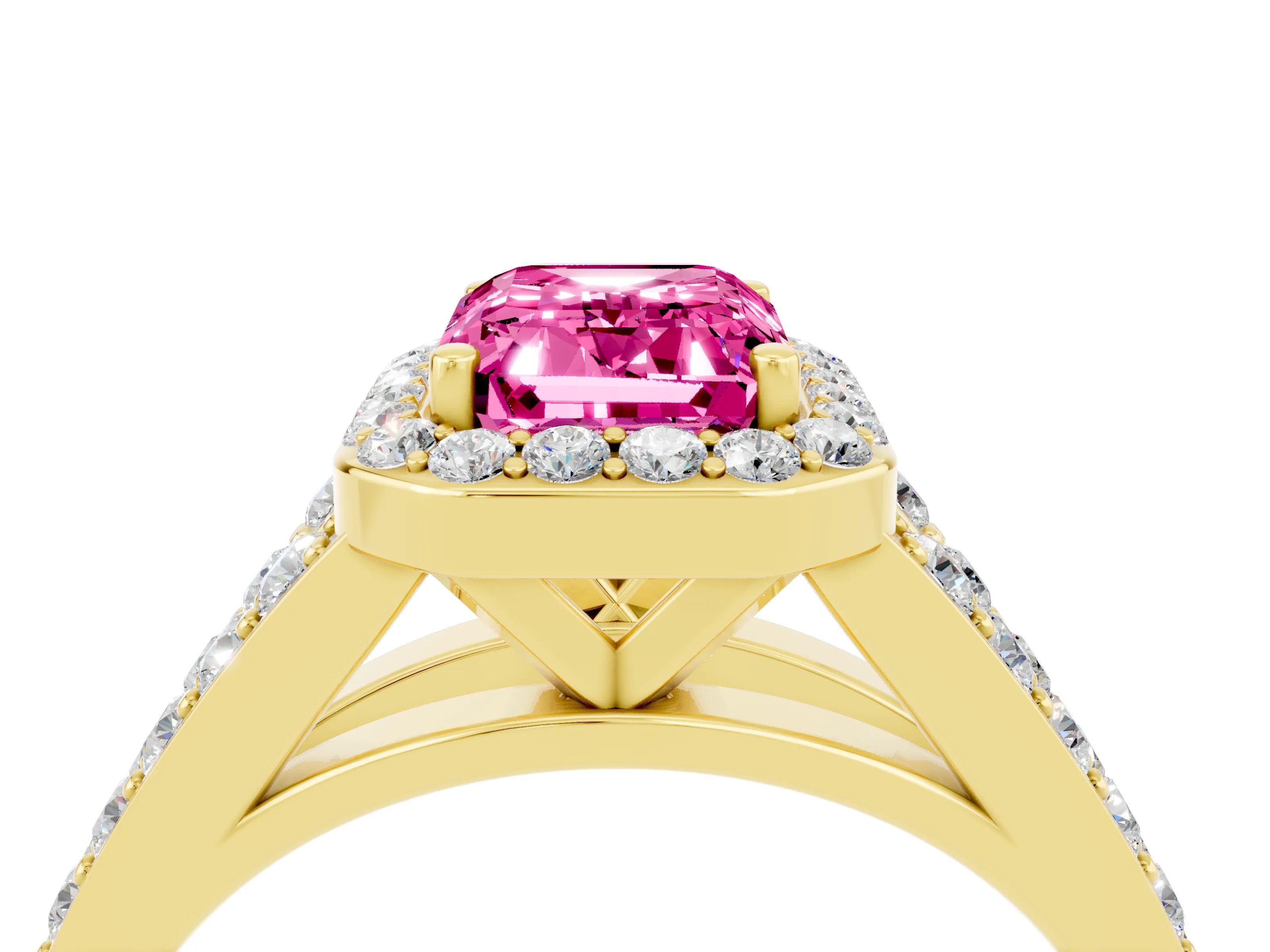 Yellow gold Emerald Cut Pink Sapphire Split Shank Halo Ring with Four-Prong Setting_28