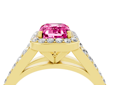 Yellow gold Emerald Cut Pink Sapphire Split Shank Halo Ring with Four-Prong Setting_28