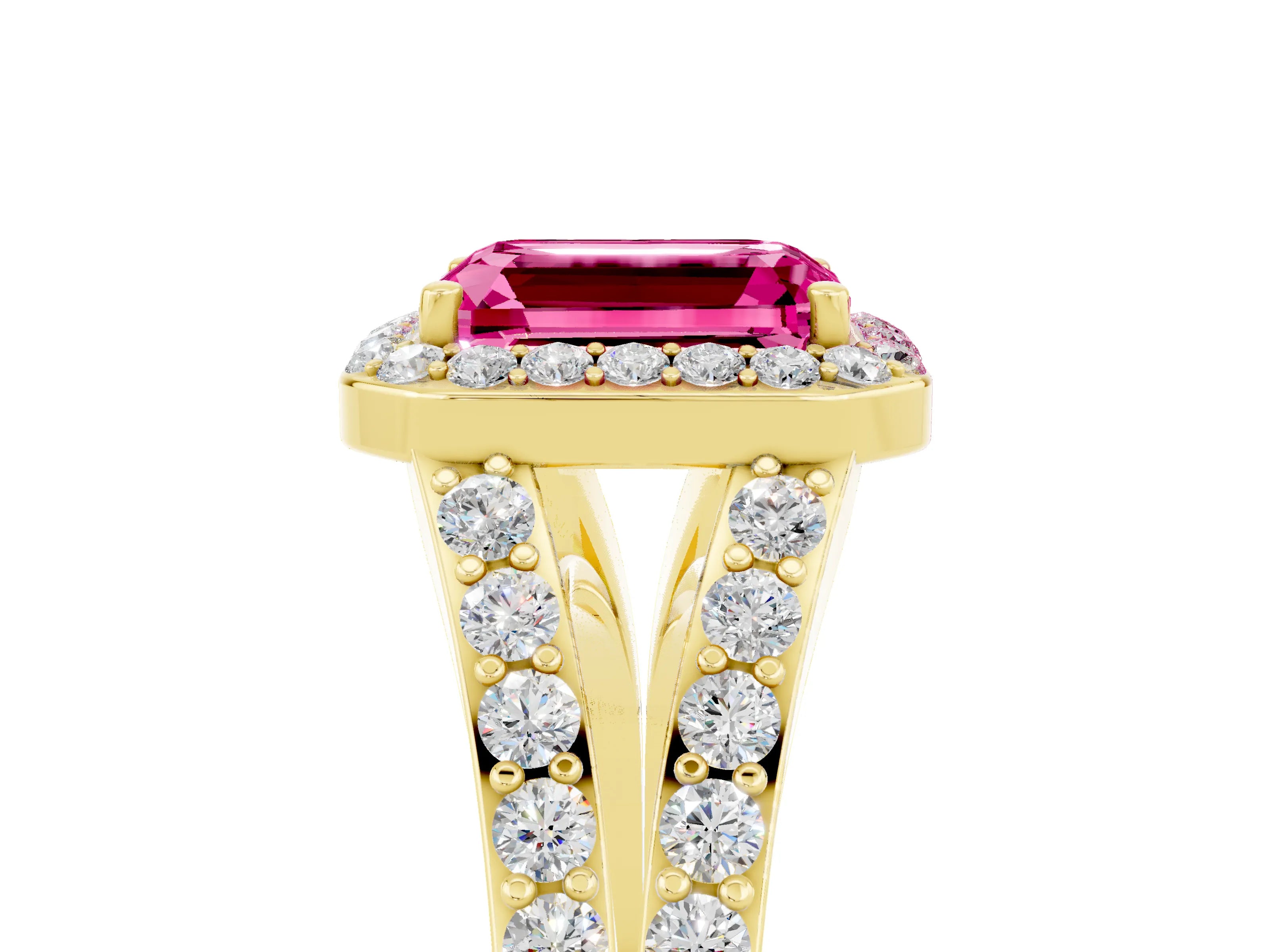 Yellow gold Emerald Cut Pink Sapphire Split Shank Halo Ring with Four-Prong Setting_29