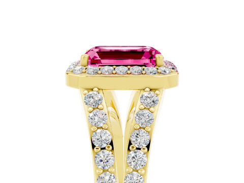 Yellow gold Emerald Cut Pink Sapphire Split Shank Halo Ring with Four-Prong Setting_29
