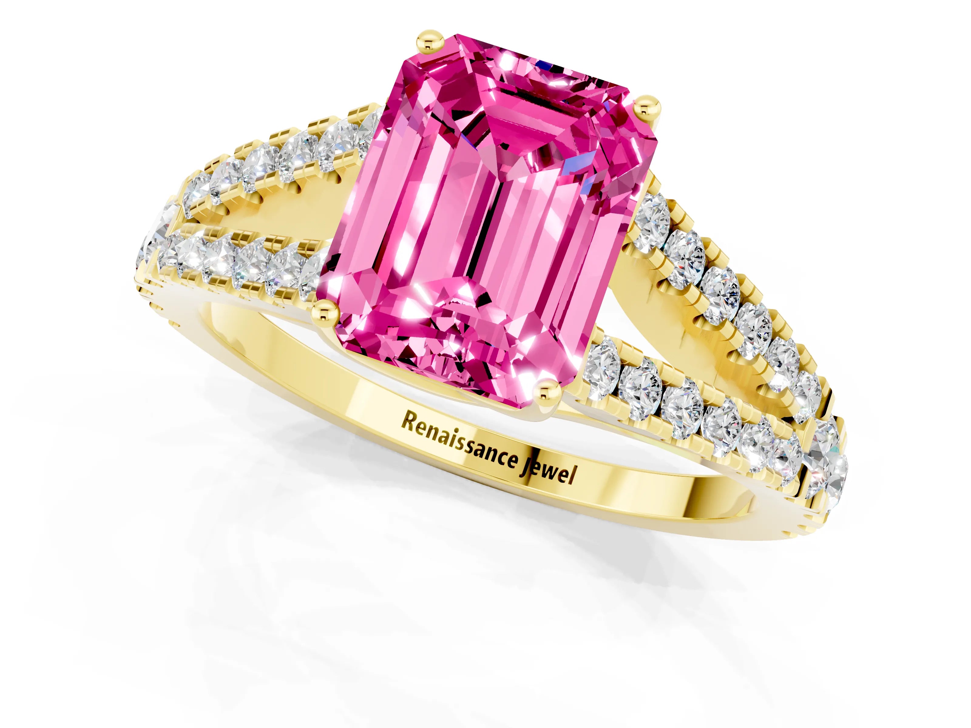Yellow gold Emerald Cut Pink Sapphire Split Shank Pavé Engagement Ring with Four-Prong Setting_13