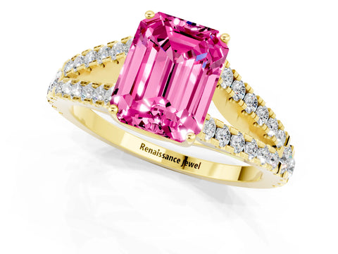 Yellow gold Emerald Cut Pink Sapphire Split Shank Pavé Engagement Ring with Four-Prong Setting_13