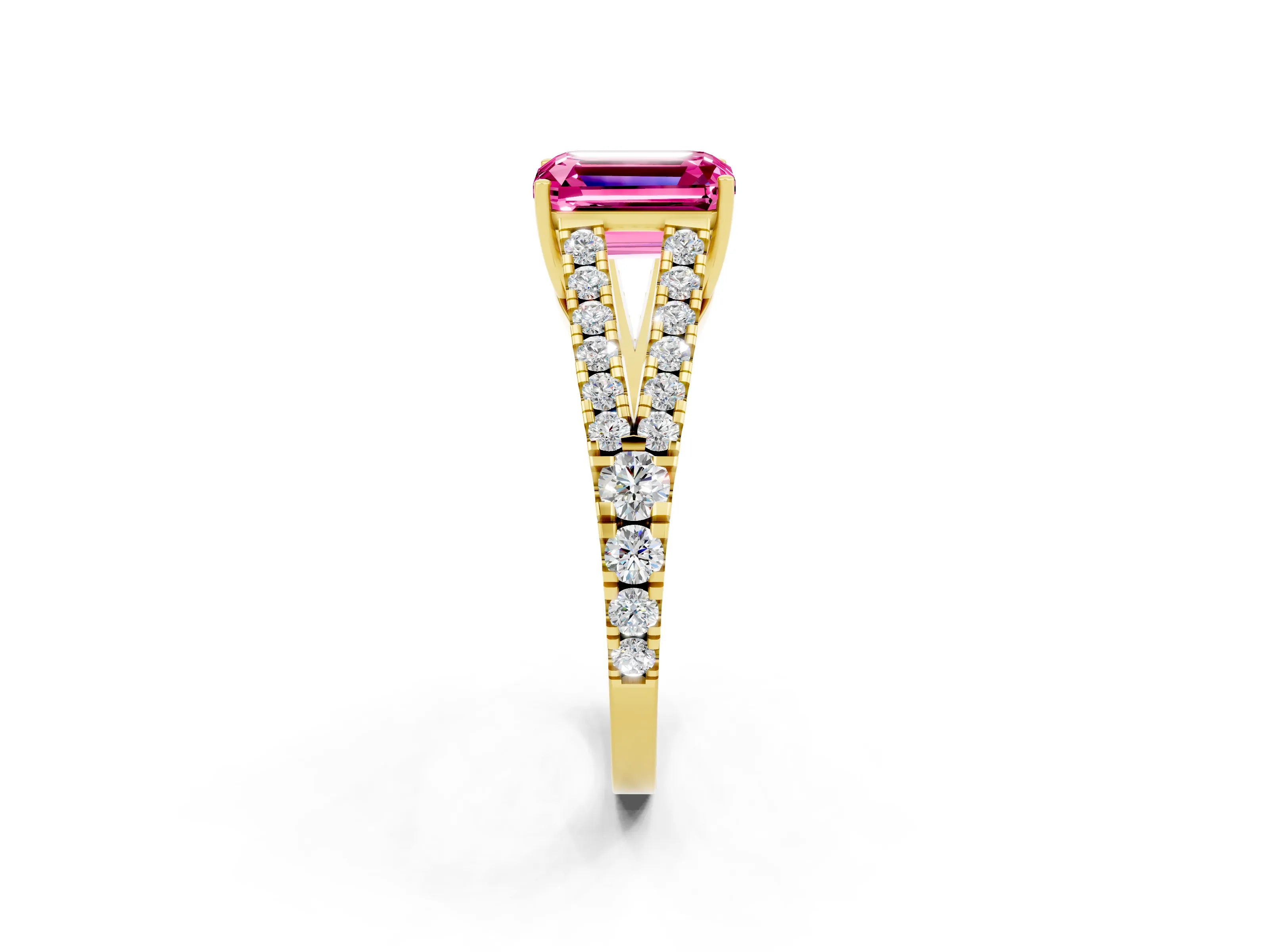 Yellow gold Emerald Cut Pink Sapphire Split Shank Pavé Engagement Ring with Four-Prong Setting_14