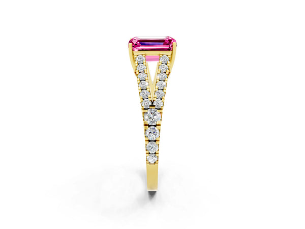 Yellow gold Emerald Cut Pink Sapphire Split Shank Pavé Engagement Ring with Four-Prong Setting