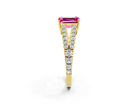 Yellow gold Emerald Cut Pink Sapphire Split Shank Pavé Engagement Ring with Four-Prong Setting_14