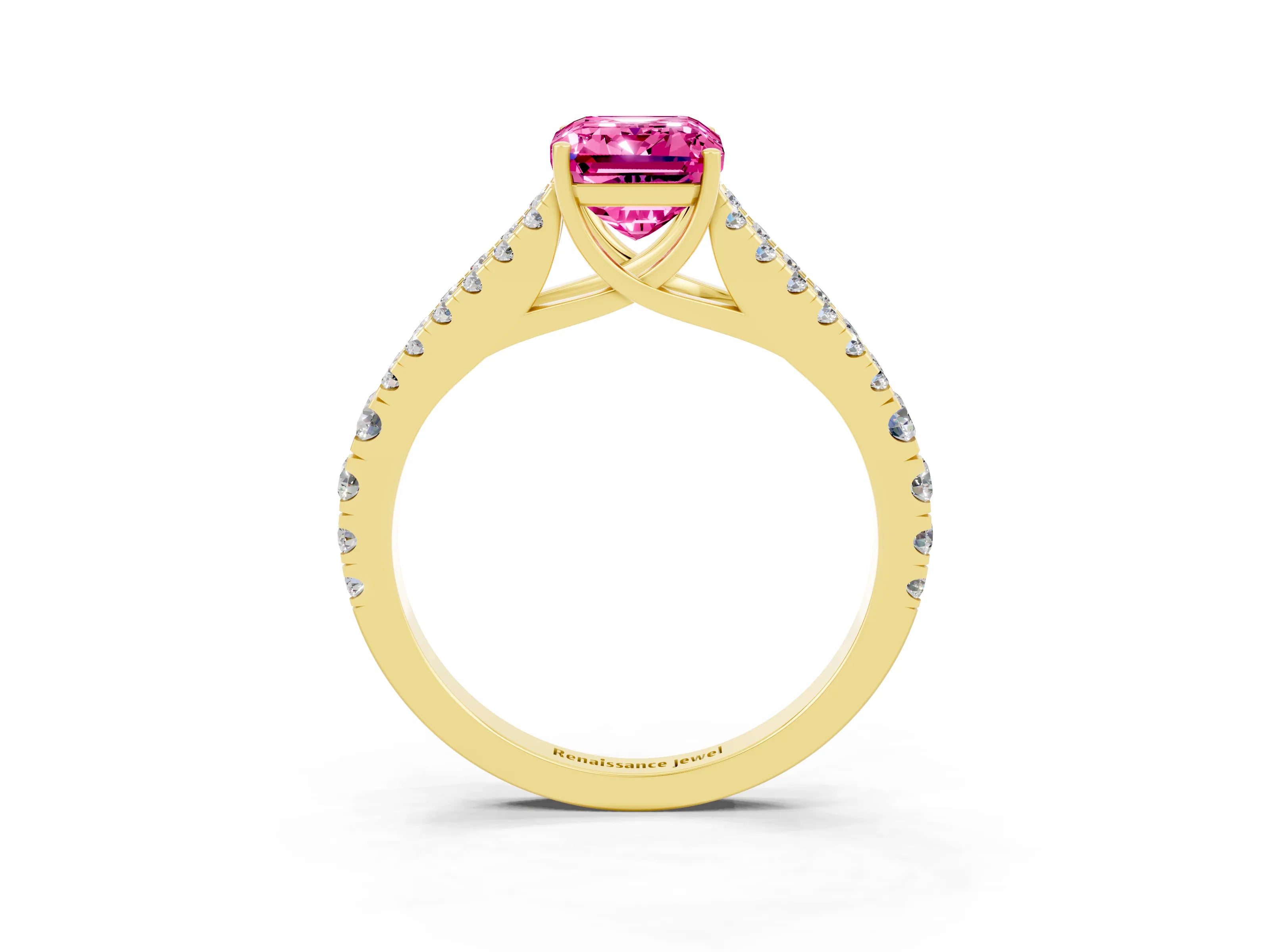 Yellow gold Emerald Cut Pink Sapphire Split Shank Pavé Engagement Ring with Four-Prong Setting_15
