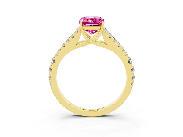 Yellow gold Emerald Cut Pink Sapphire Split Shank Pavé Engagement Ring with Four-Prong Setting