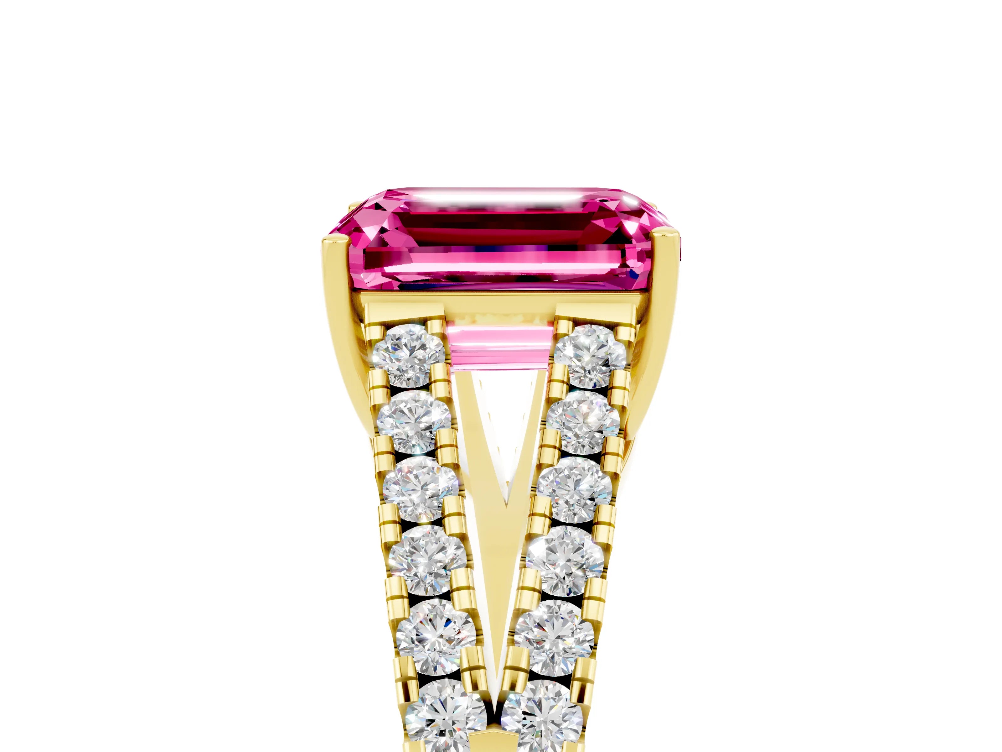 Yellow gold Emerald Cut Pink Sapphire Split Shank Pavé Engagement Ring with Four-Prong Setting_17