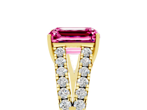 Yellow gold Emerald Cut Pink Sapphire Split Shank Pavé Engagement Ring with Four-Prong Setting_17