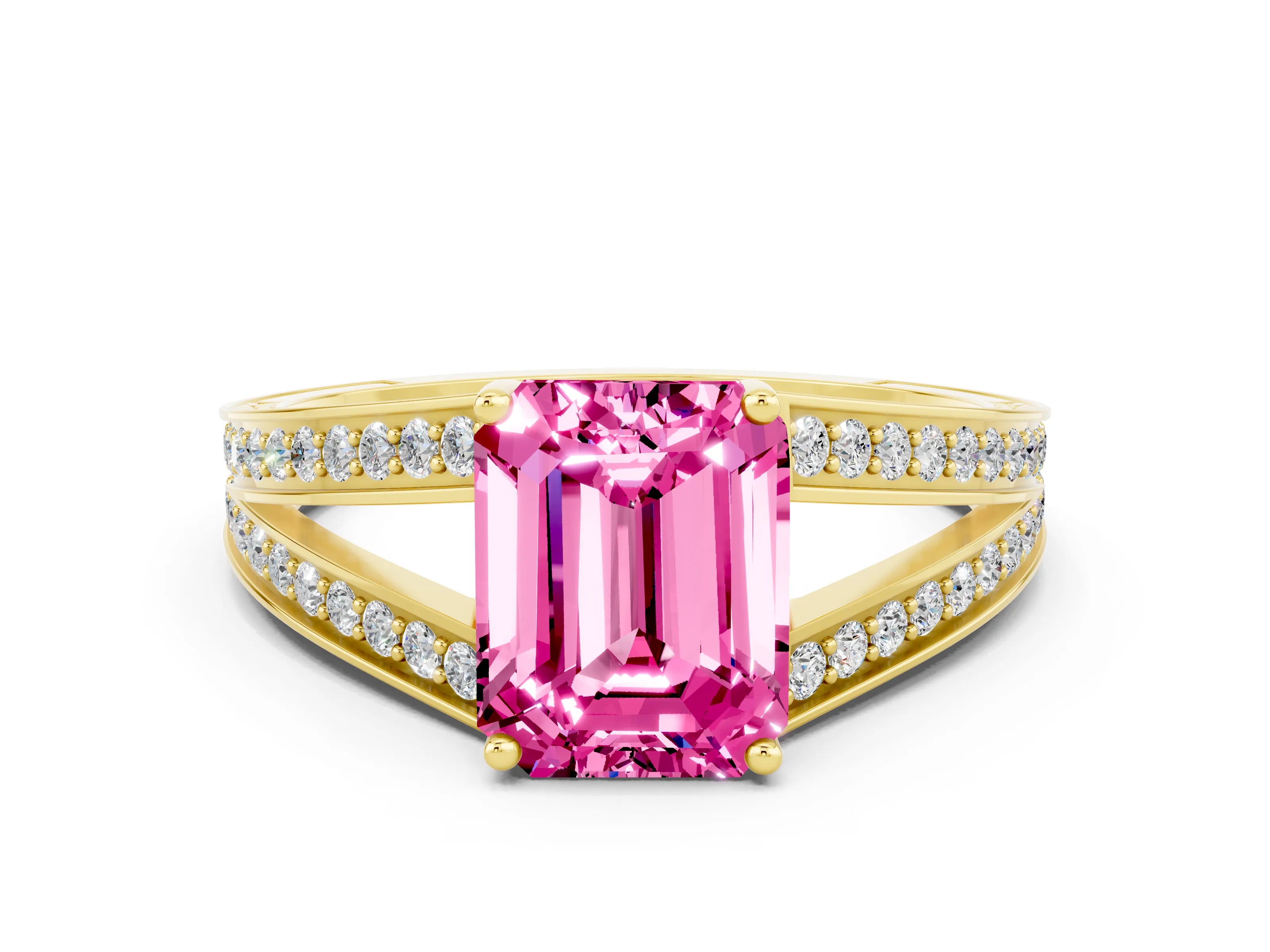 Yellow gold Emerald Cut Pink Sapphire Split Shank Ring with Pavé Band and Four-Prong Setting_2