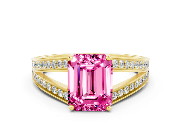 Yellow gold Emerald Cut Pink Sapphire Split Shank Ring with Pavé Band and Four-Prong Setting
