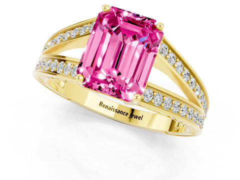 Yellow gold Emerald Cut Pink Sapphire Split Shank Ring with Pavé Band and Four-Prong Setting_3