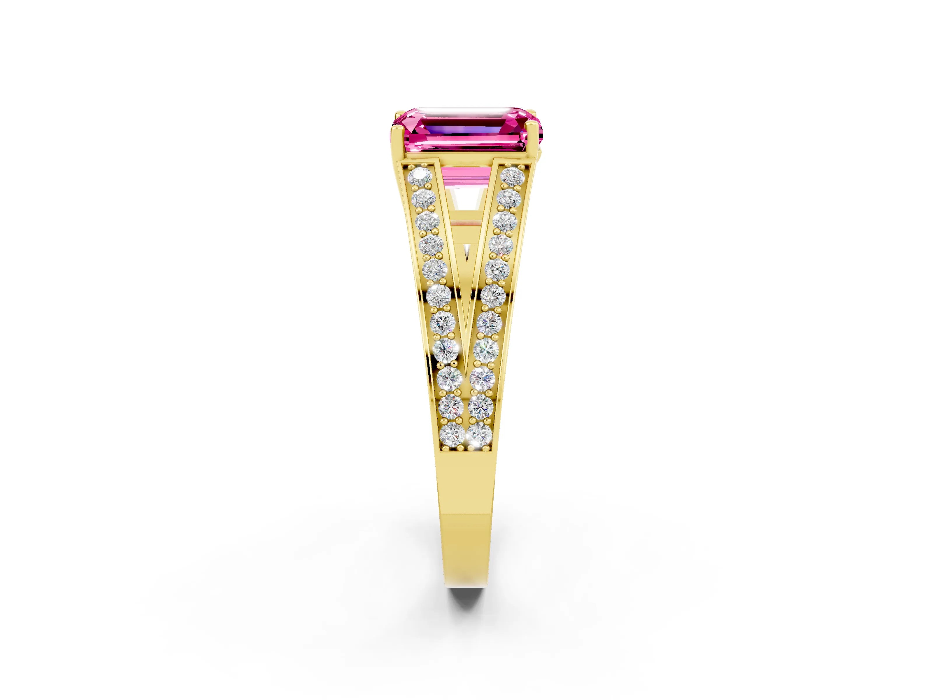 Yellow gold Emerald Cut Pink Sapphire Split Shank Ring with Pavé Band and Four-Prong Setting_4