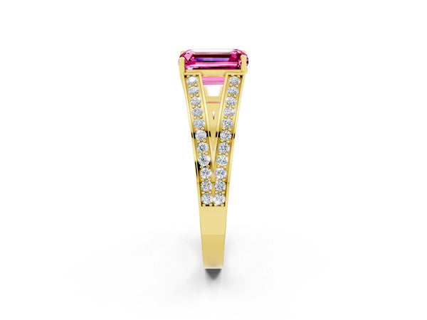 Yellow gold Emerald Cut Pink Sapphire Split Shank Ring with Pavé Band and Four-Prong Setting