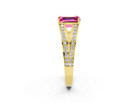 Yellow gold Emerald Cut Pink Sapphire Split Shank Ring with Pavé Band and Four-Prong Setting_4