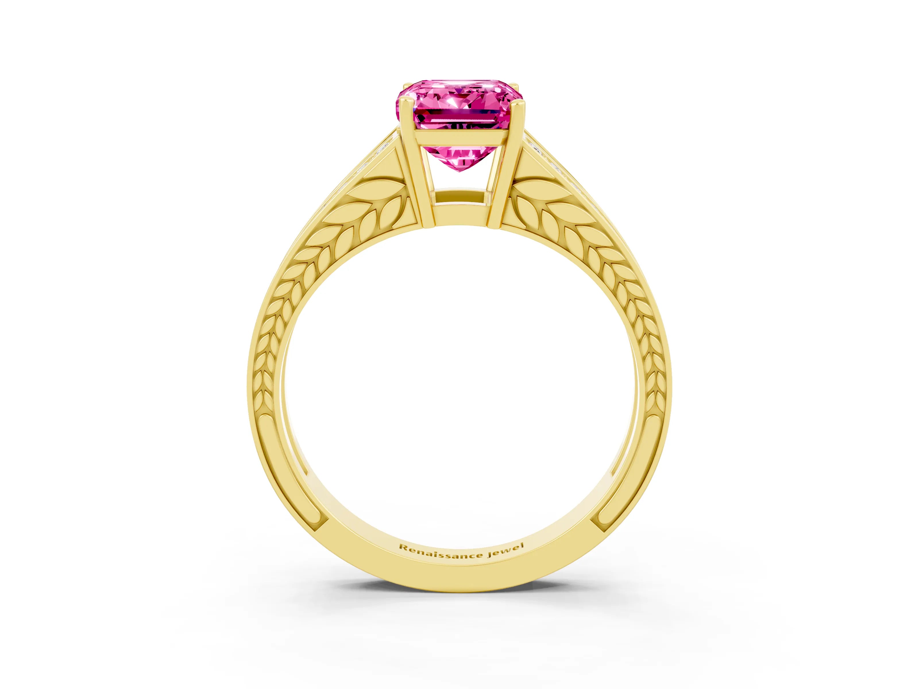 Yellow gold Emerald Cut Pink Sapphire Split Shank Ring with Pavé Band and Four-Prong Setting_5