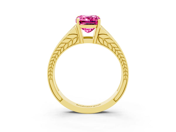 Yellow gold Emerald Cut Pink Sapphire Split Shank Ring with Pavé Band and Four-Prong Setting