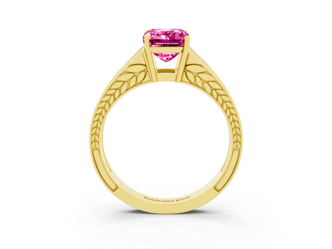 Yellow gold Emerald Cut Pink Sapphire Split Shank Ring with Pavé Band and Four-Prong Setting_5