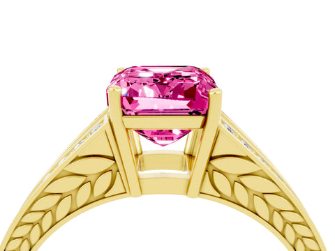 Yellow gold Emerald Cut Pink Sapphire Split Shank Ring with Pavé Band and Four-Prong Setting_6