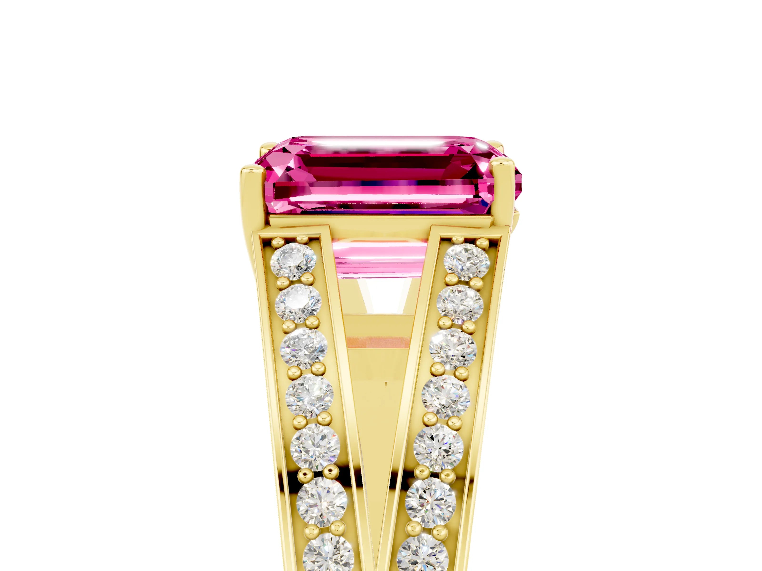 Yellow gold Emerald Cut Pink Sapphire Split Shank Ring with Pavé Band and Four-Prong Setting_7