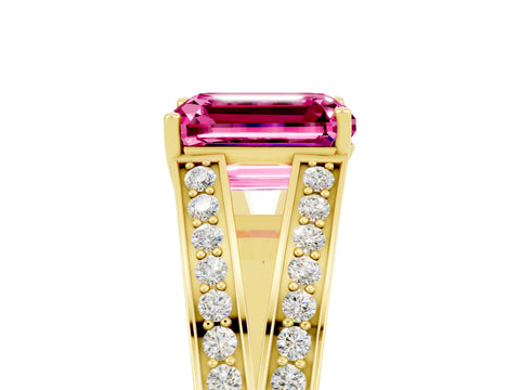 Yellow gold Emerald Cut Pink Sapphire Split Shank Ring with Pavé Band and Four-Prong Setting_7