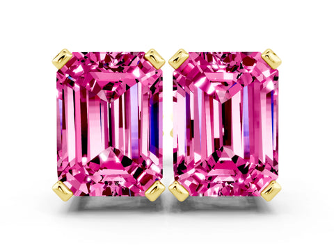 Yellow gold Emerald Cut Pink Sapphire Stud Earrings_24