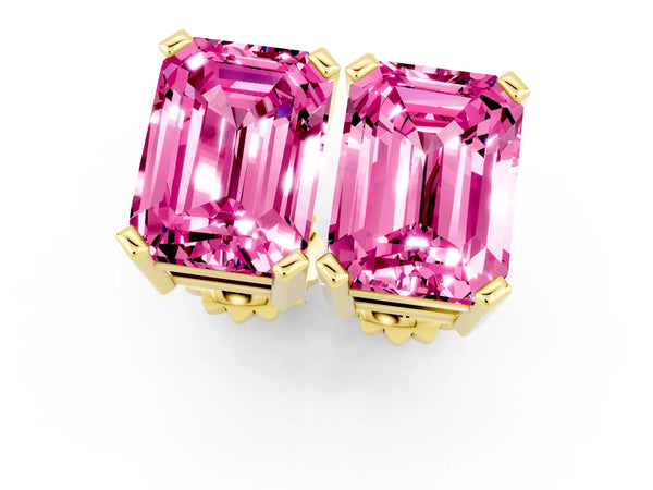 Yellow gold Emerald Cut Pink Sapphire Stud Earrings