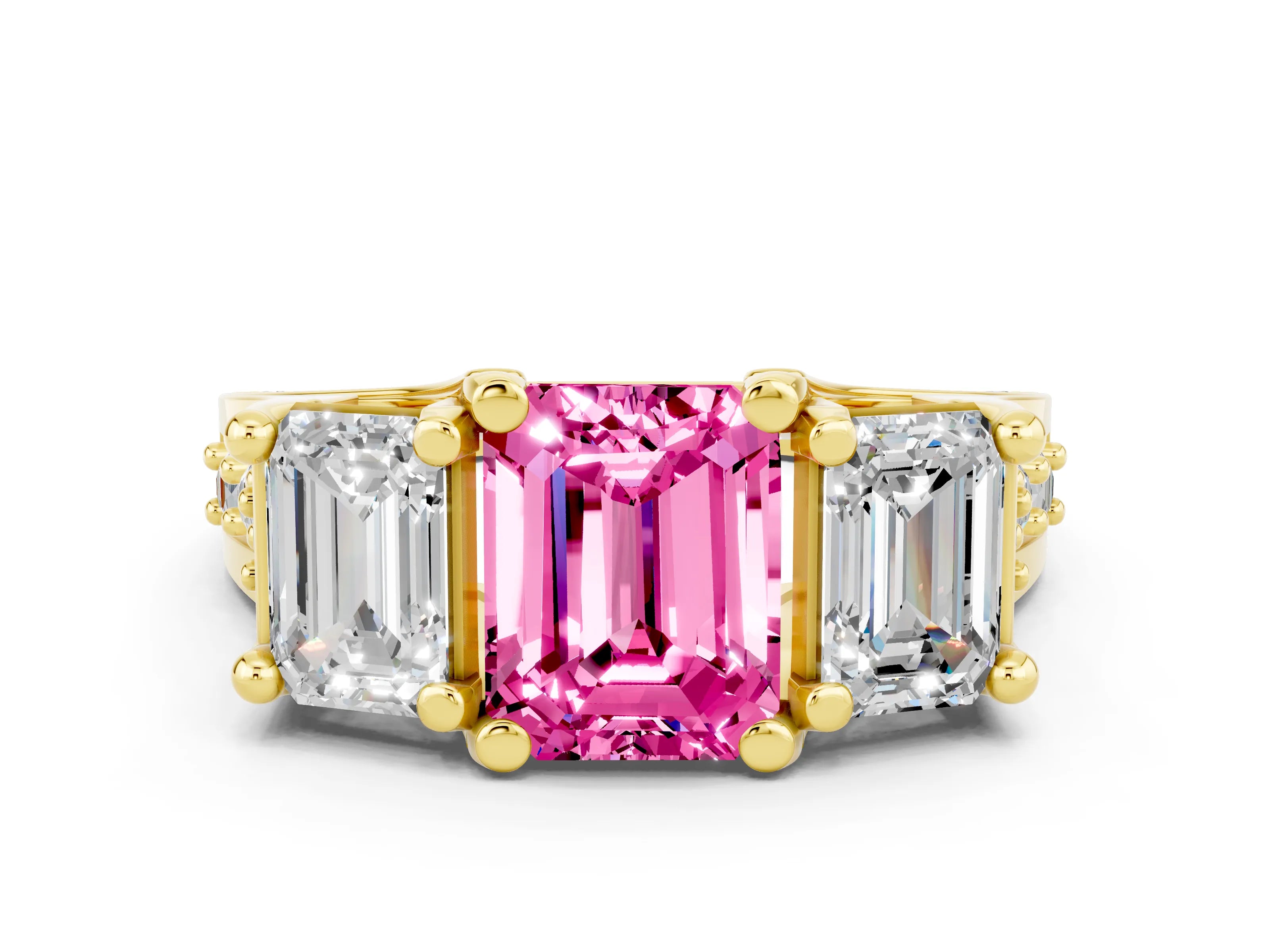 Yellow gold Emerald Cut Pink Sapphire Three-Stone Ring with Channel Set Band and Four-Prong Setting