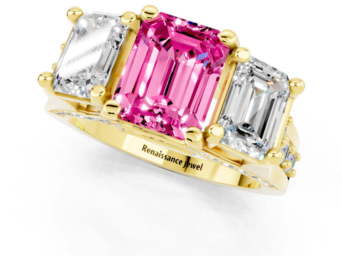 Yellow gold Emerald Cut Pink Sapphire Three-Stone Ring with Channel Set Band and Four-Prong Setting_1