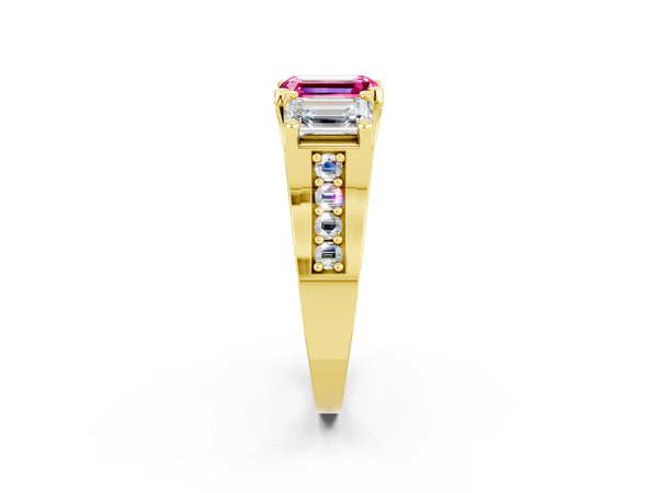 Yellow gold Emerald Cut Pink Sapphire Three-Stone Ring with Channel Set Band and Four-Prong Setting