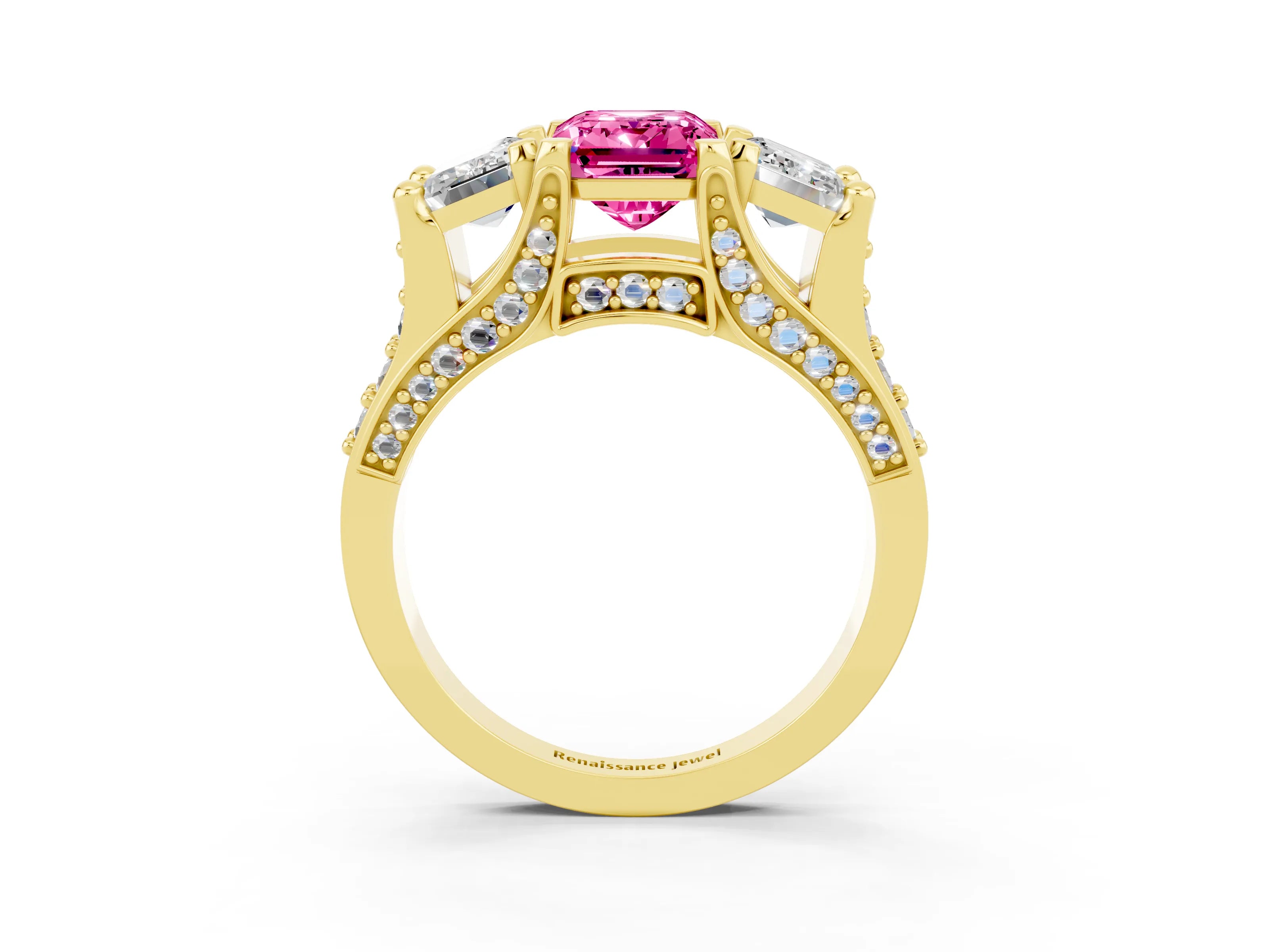 Yellow gold Emerald Cut Pink Sapphire Three-Stone Ring with Channel Set Band and Four-Prong Setting_3