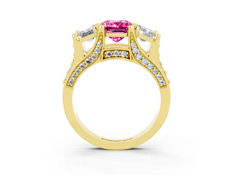 Yellow gold Emerald Cut Pink Sapphire Three-Stone Ring with Channel Set Band and Four-Prong Setting_3