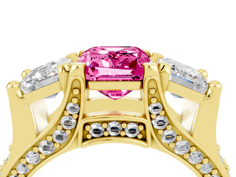 Yellow gold Emerald Cut Pink Sapphire Three-Stone Ring with Channel Set Band and Four-Prong Setting_4
